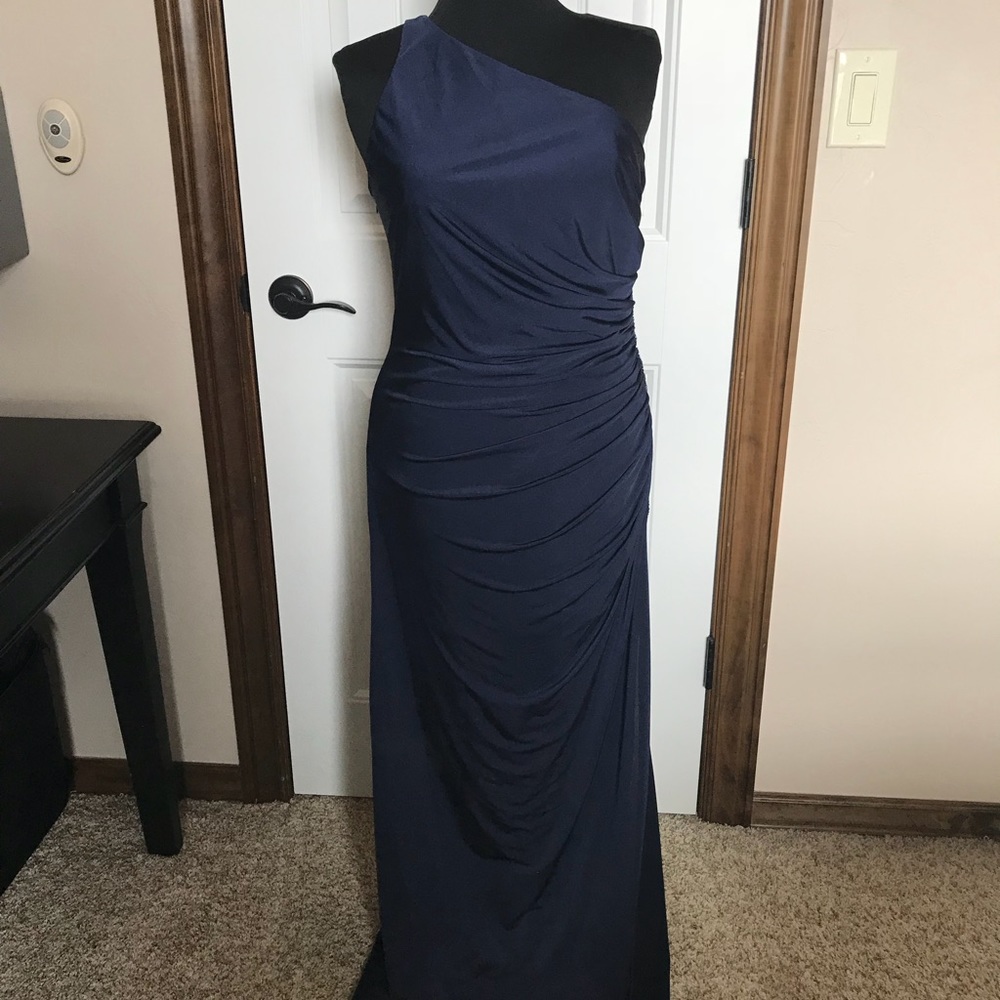 Prom Dress!! Adriana Papell Navy one shoulder gown